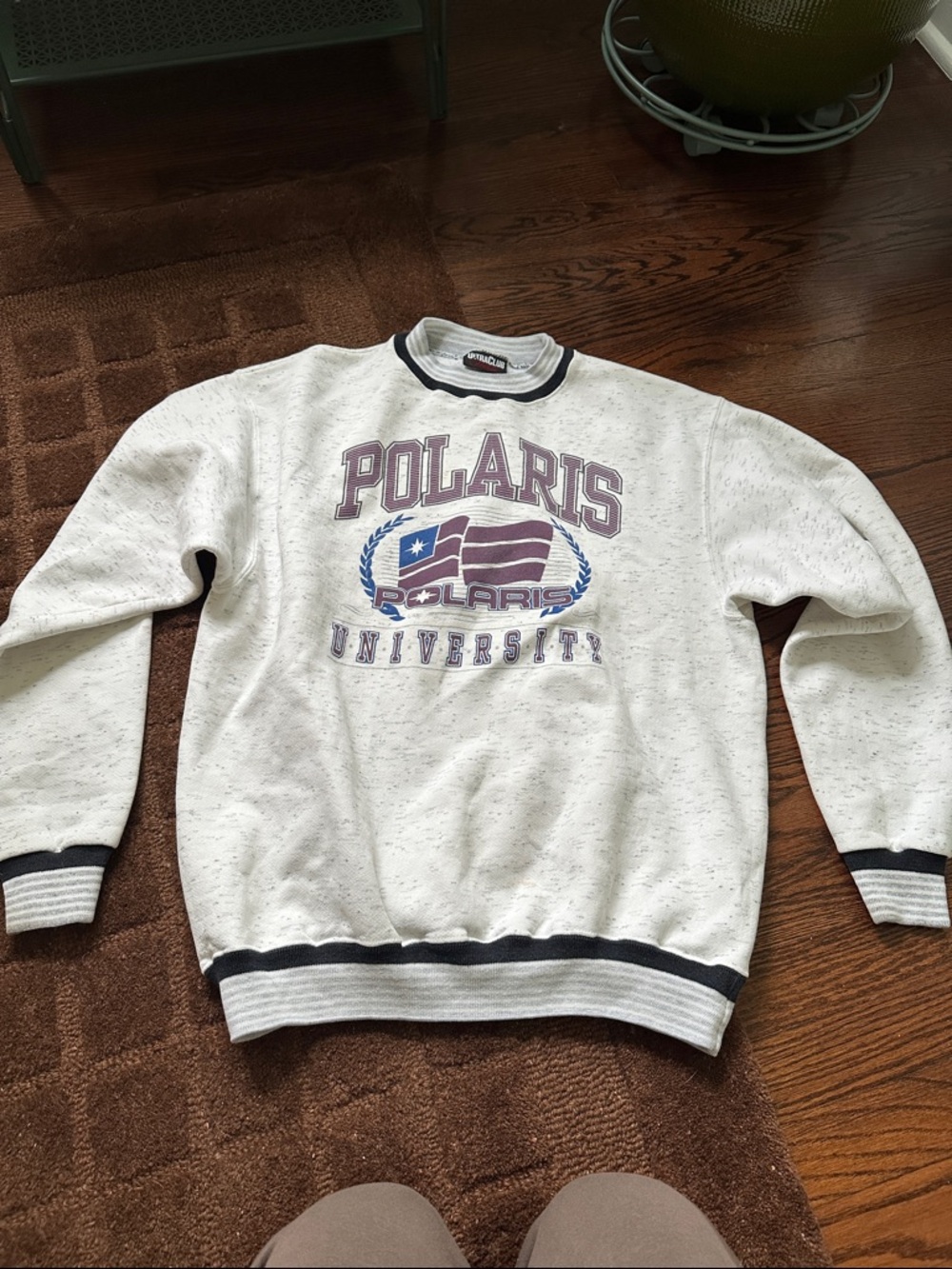 Vintage rare Polaris University Crewneck Sweatshirt White with Navy Trim large